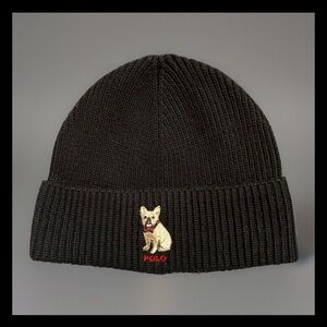 Polo Ralph Lauren French Bulldog Embroidered Rib-Knit Beanie / Polo Black / NWT